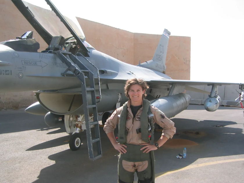 Tracy LaTourrette with F-16 fighter jet