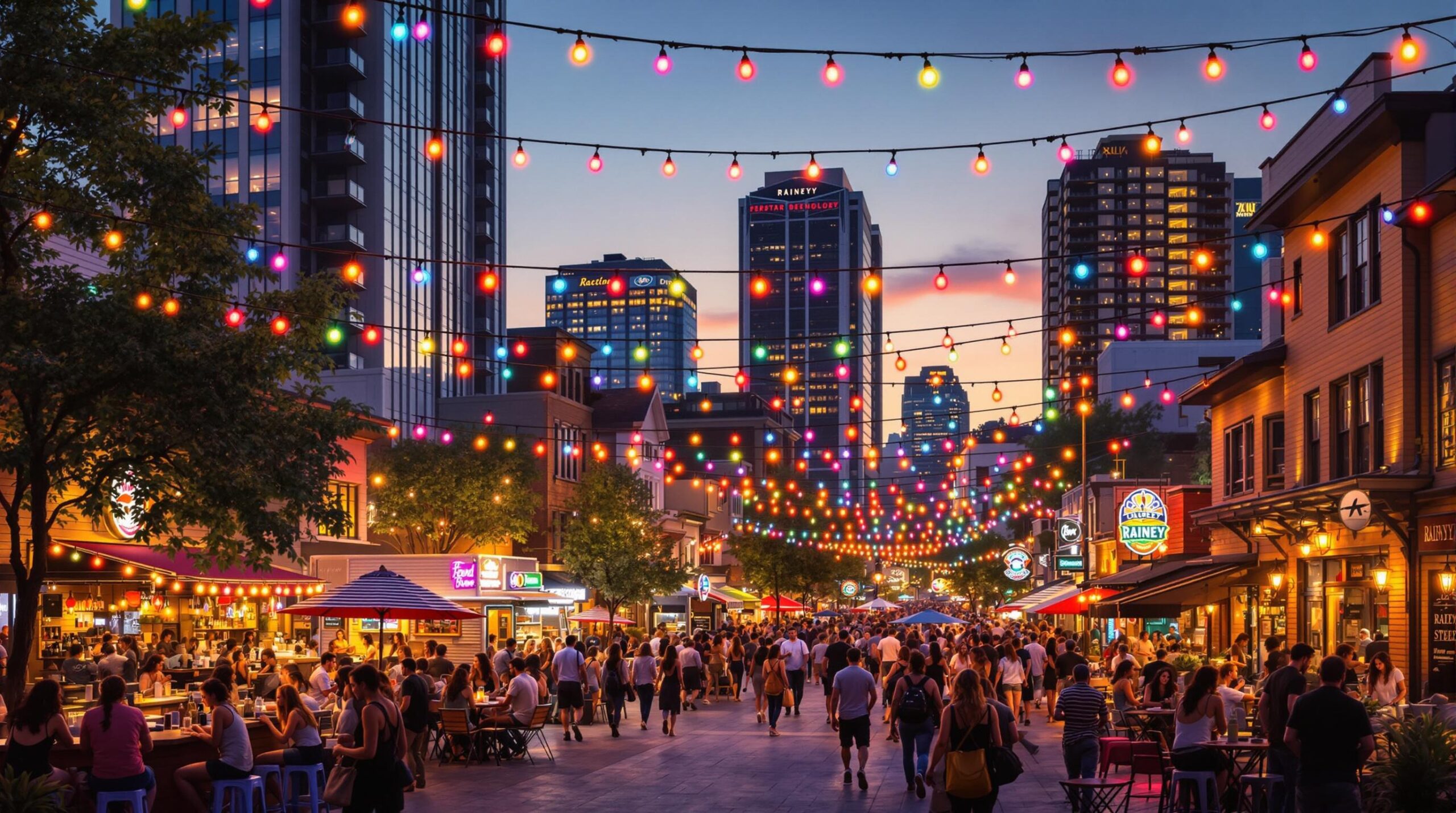 Rainey Street bars and restaurants lit up at night in downtown Austin